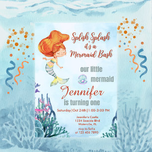 Splish Splash Orang Mermaid Bash Girl 1st Birthday Invitation
