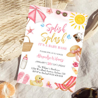  Splish Splash Pink Girl Baby Shower Invitation