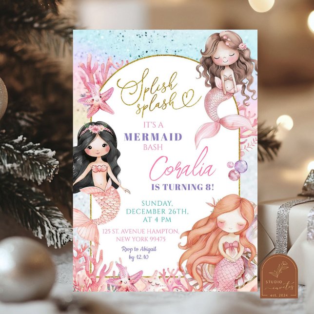 Splish Splash Pink Sea Mermaid Bash Birthday Girl Invitation (Creator Uploaded)