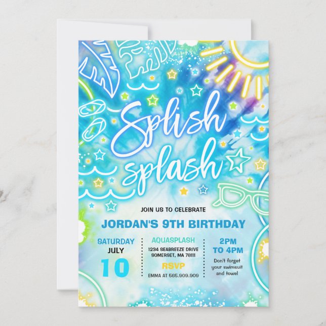 Splish Splash Pool Birthday Party Tie Dye Glow Invitation (Front)