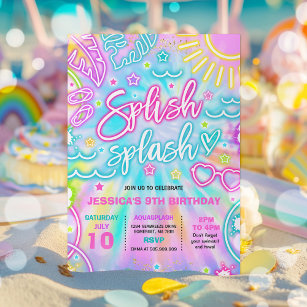 Splish Splash Pool Birthday Party Tie Dye Glow Invitation
