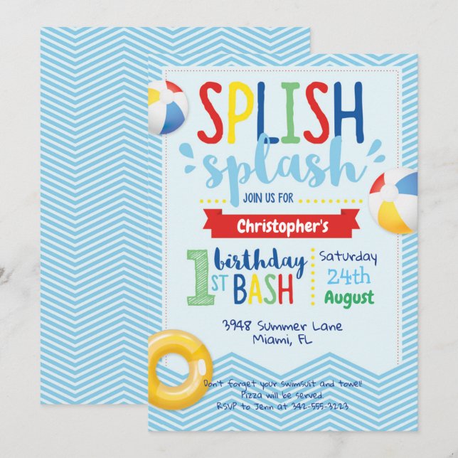 Splish Splash Pool Party 1st Birthday Invitation (Front/Back)
