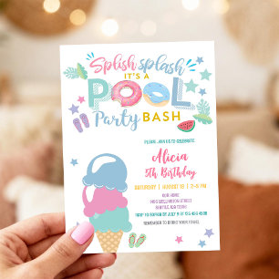 Splish Splash Pool Party Bash Ice Cream Birthday Invitation