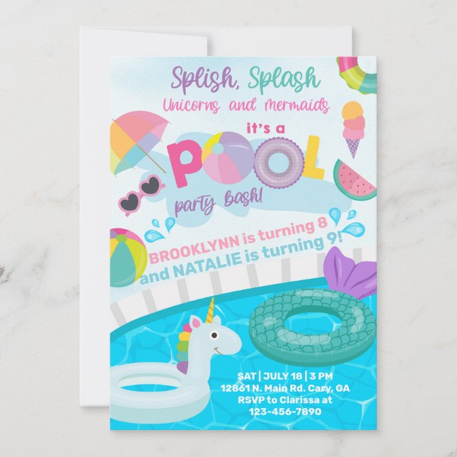 Splish splash pool party birthday bash, siblings. invitation (Front)