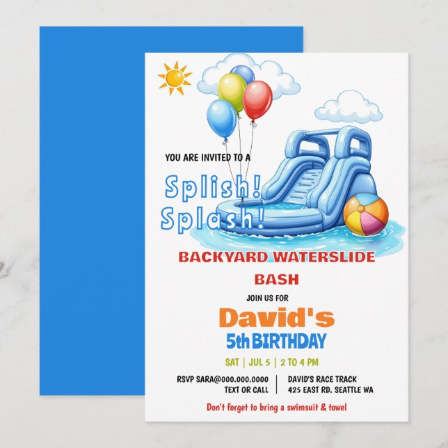 Splish Splash Pool Party Waterslide Birthday  Invitation (Front/Back)