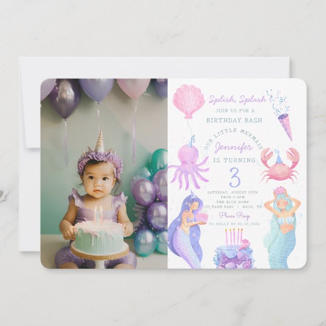 Splish Splash Sirène Anniversaire Photo Invitation (Devant)