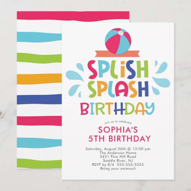 Splish Splash Summer Pool Birthday Invitation (Front/Back)