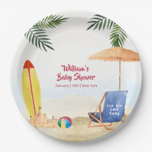 Splish Splash Surfboard Sand Beach Boy Baby Shower Paper Plate