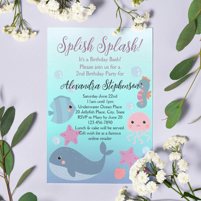 Splish Splash Under the Sea Ocean Girls Birthday Invitation (splish splash birthday bash girls under the sea invitation)