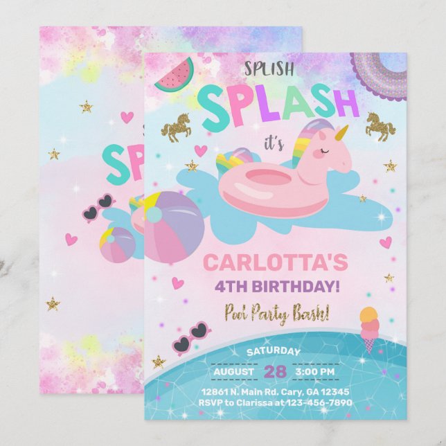 Splish splash unicorn pool party birthday invite.  invitation (Front/Back)