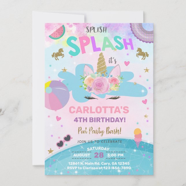Splish splash unicorn pool party birthday invite.  invitation (Front)