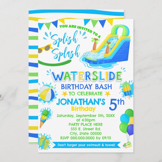 Splish Splash Waterslide Birthday Blue Green Pool  Invitation (Front/Back)