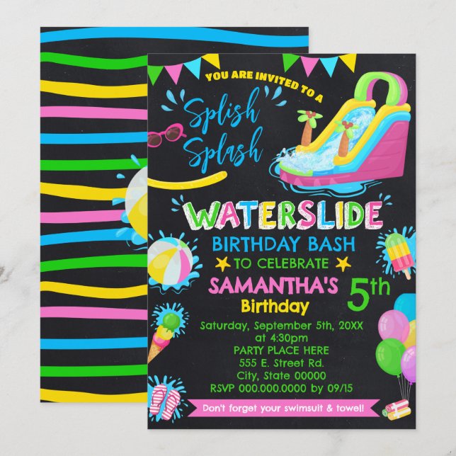 Splish Splash Waterslide Birthday Party Chalkboard Invitation (Front/Back)