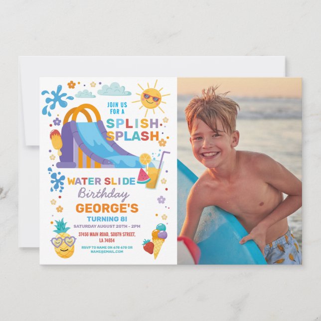 Splish Splash Waterslide Birthday Party Photo Invitation (Front)