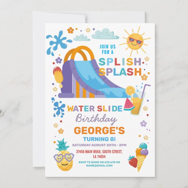 Splish Splash Waterslide Birthday Party Sun Invitation (Front)
