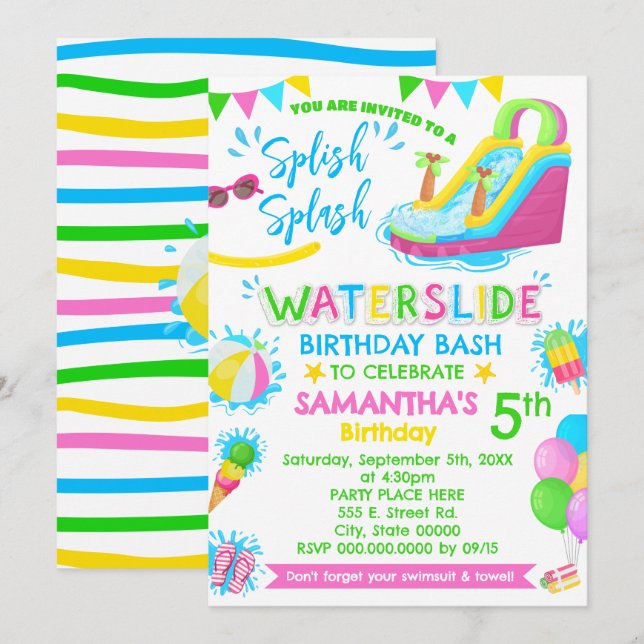 Splish Splash Waterslide Birthday Pink Pool Party Invitation (Front/Back)
