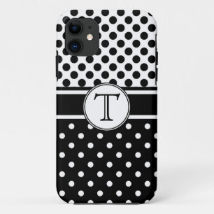 Split Black White Polka Dot Pattern Monogram iPhone 11 Case