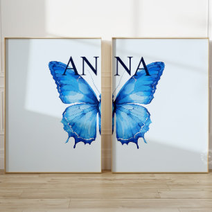 Split Butterfly Custom Name Wall Art Blue Set of 2