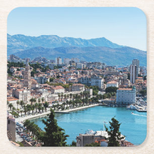 Split city seafront aerial view, Dalmatia, Croatia Square Paper Coaster