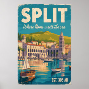Split Croatia Retro Cityscape Travel Poster