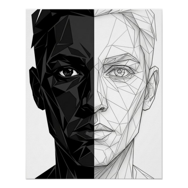 Split Face Low Poly Geometric Line Art Poster (Devant)