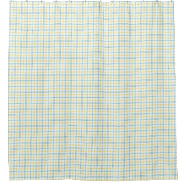 Split image showing a pastel plaid shower curtain (Front)