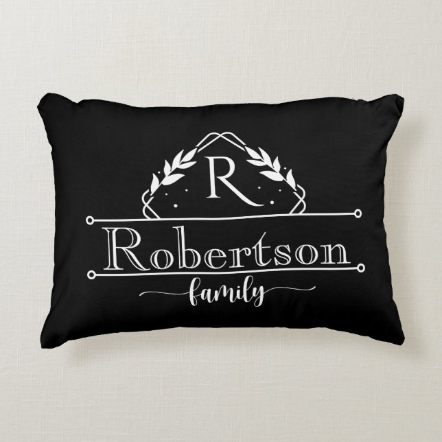 Split Monogram Family Name Black & White Frame Accent Pillow (Front)