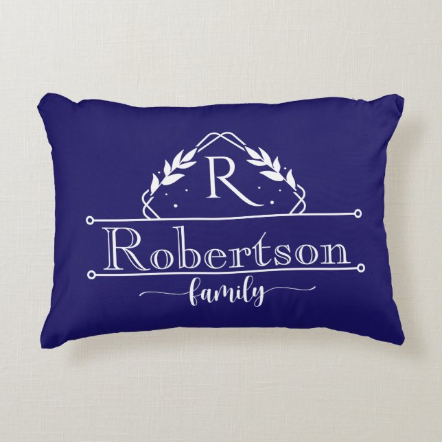 Split Monogram Family Name Classic Navy Frame Accent Pillow (Front)