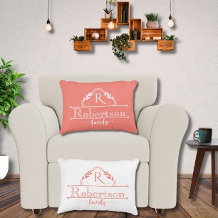 Split Monogram Family Name Coral Pink Frame Accent Pillow