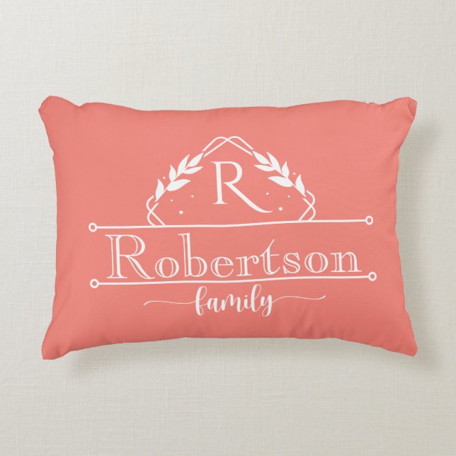 Split Monogram Family Name Coral Pink Frame Accent Pillow (Front)