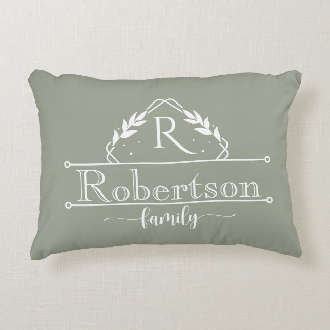 Split Monogram Family Name Dusty Sage Frame Accent Pillow (Front)