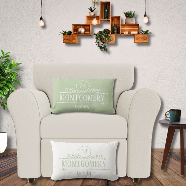 Split Monogram Family Name Monogram Green  Lumbar Pillow (Creator Uploaded)