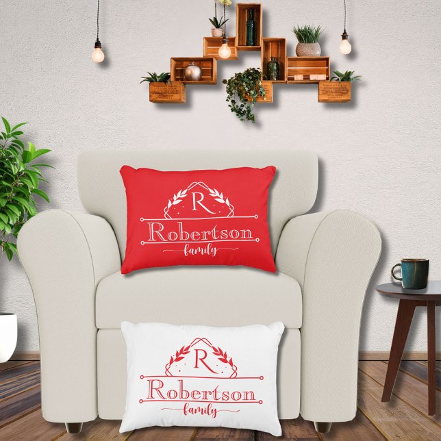 Split Monogram Family Name Red & White Frame Accent Pillow (Creator Uploaded)