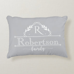 Split Monogram Family Name Silver Grey Frame Accent Pillow