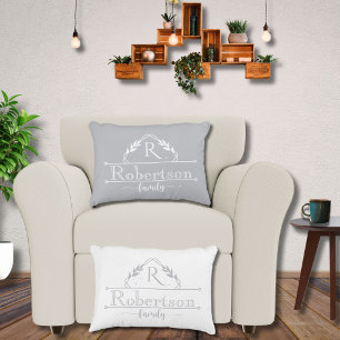 Split Monogram Family Name Silver Grey Frame Accent Pillow
