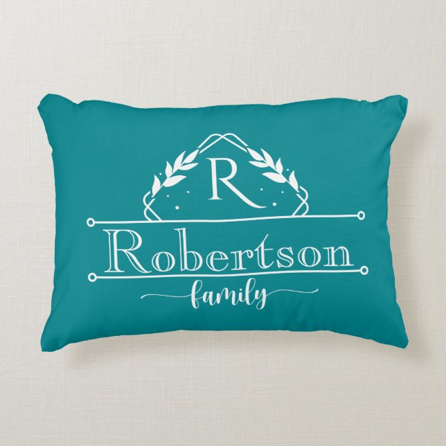 Split Monogram Family Name Tropical Teal Frame Accent Pillow (Front)