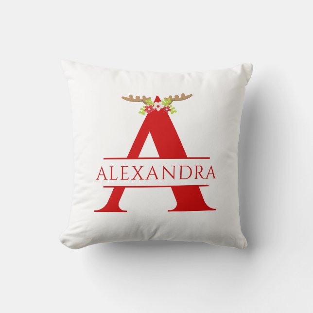 Split Monogram Letter A Christmas Deer Antlers  Th Throw Pillow (Front)