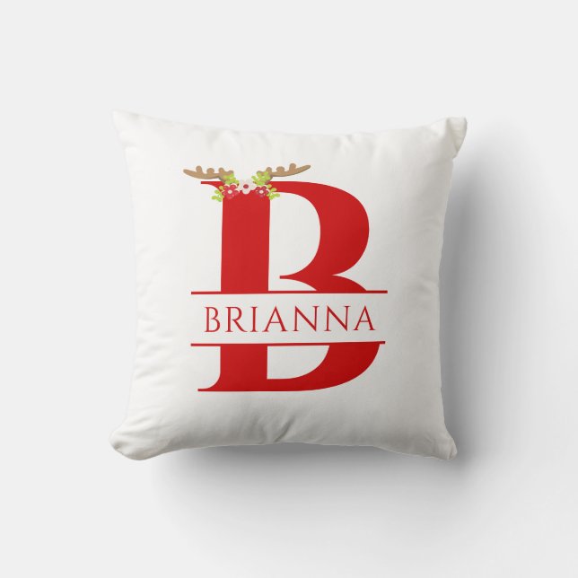 Split Monogram Letter B Xmas Deer Antlers   Throw Pillow (Front)