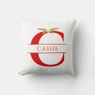 Split Monogram Letter C Xmas Deer Antlers Throw Pillow