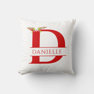 Split Monogram Letter D Xmas Deer Antlers Throw Pillow