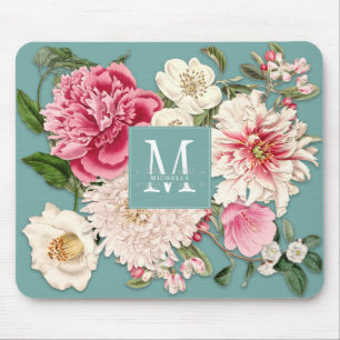 Split Monogram Vintage Swirls Floral Mint Custom Mouse Pad