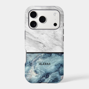 Split screen blue and grey vintage faux marble