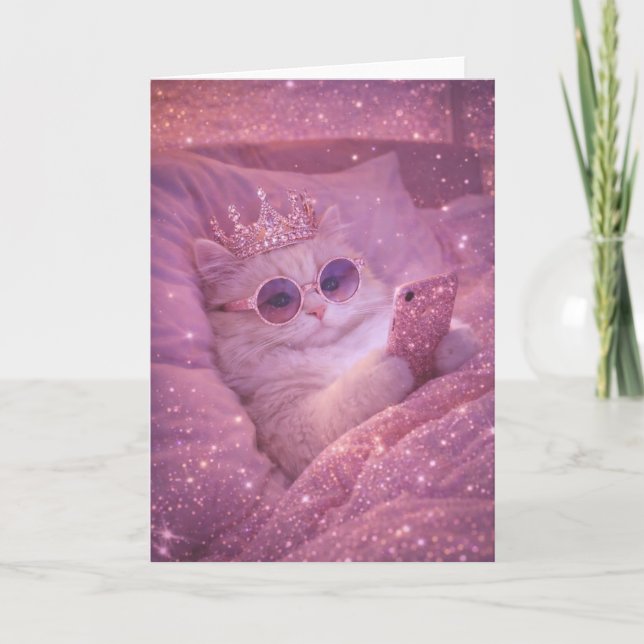 Spoiled Princess Cat Texting in Bed                Card (Front)