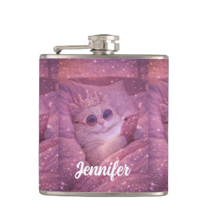 Spoiled Princess Cat Texting in Bed                Hip Flask