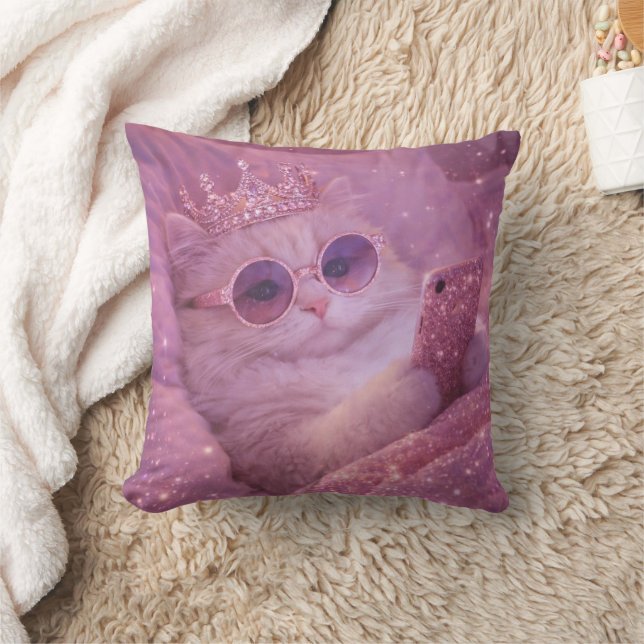 Spoiled Princess Cat Texting in Bed                Throw Pillow (Blanket)