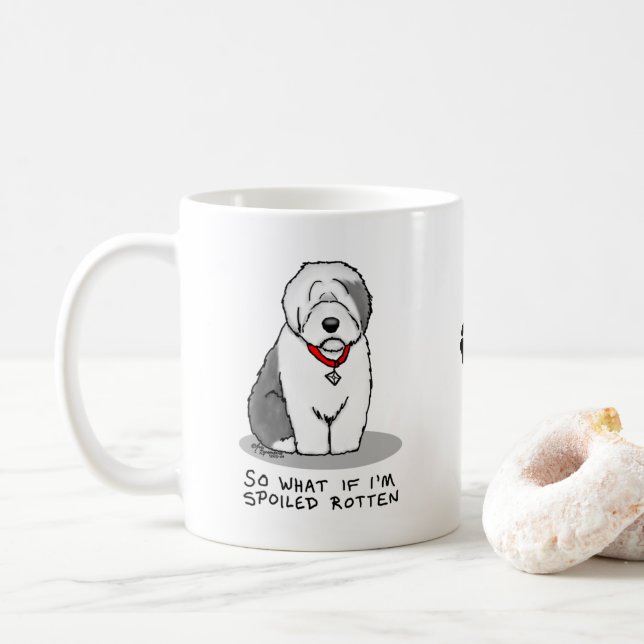 Spoiled Rotten Old English Sheepdog (Grey 1) Funny Coffee Mug (With Donut)
