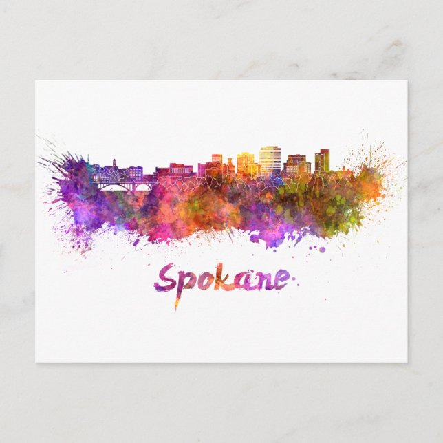 Spokane skyline in watercolor postcard (Front)