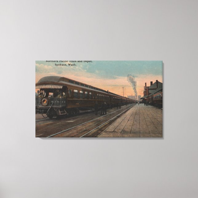 Spokane, WA - View of N. Pacific Train & Depot Canvas Print (Front)