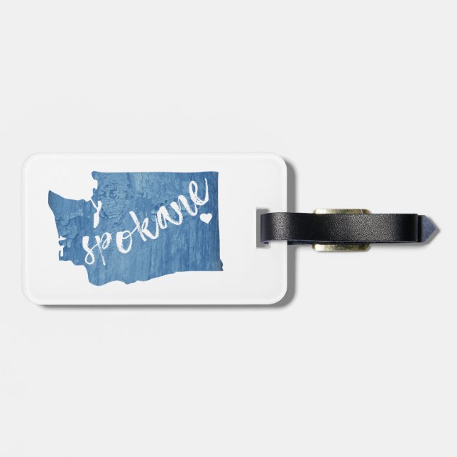 Spokane Washington Wood Grain Luggage Tag (Back Horizontal)