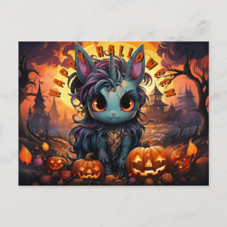 Spoky Halloween Unicorn in Pumpkin Patch Holiday Postcard